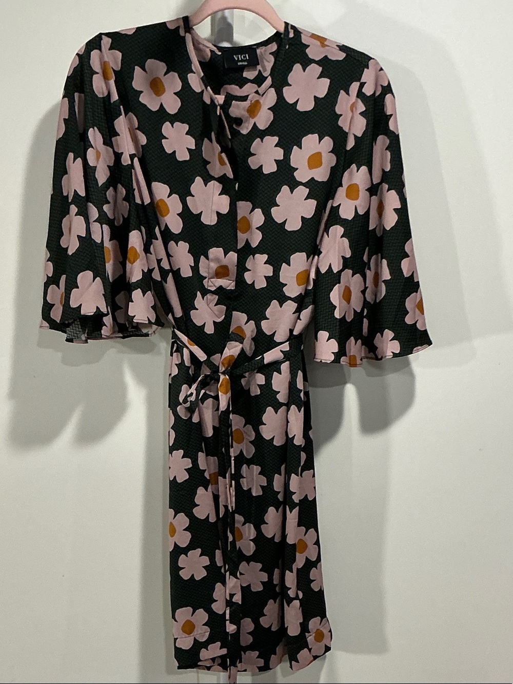 VICI Green With Black Midi Dress with Pink & Gold Floral Print